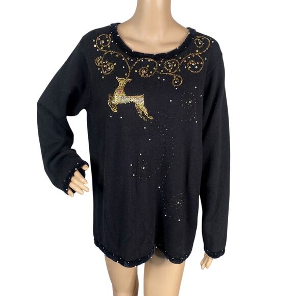 Quacker Factory Black Gold Reindeer Festive Holiday Xmas Embellished Sweater L - Picture 2 of 8